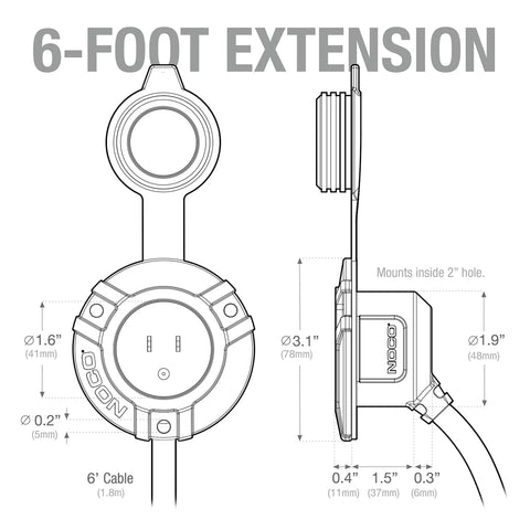 Technical diagram of 15A AC Port Plug 125V Power Inlet Socket with 6 Foot Outdoor Extension Cord for RV and marine use