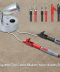 Electrical Multimeter Test Lead Kit 24Pcs with test extensions, probes, and alligator clips in use, showing hands-free connection