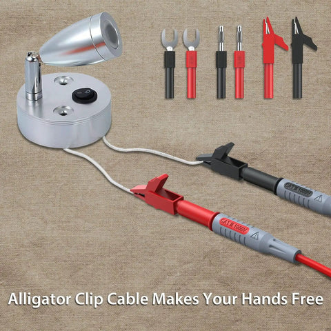 Electrical Multimeter Test Lead Kit 24Pcs with test extensions, probes, and alligator clips in use, showing hands-free connection