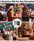 Retro TLR Style Pocket Camera for beginners, teens shown as gift for Christmas, birthday, Thanksgiving with recipients smiling, exchanging presents