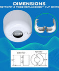 Slick Retrofit Fire Sprinkler Escutcheon Pendant Cup Trim in Crisp White Finish for 1/2 Inch IPS piping, split design with dimensions.