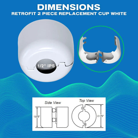 Slick Retrofit Fire Sprinkler Escutcheon Pendant Cup Trim in Crisp White Finish for 1/2 Inch IPS piping, split design with dimensions.