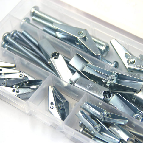 Toggle Bolt And Wing Nut Assortment Kit For Drywall Hanging Heavy Items One Eighth Inch Three Sixteenth Inch One Quarter Inch Twenty Four Pieces Zinc Plated Steel For Strong Rust Resistant Fastening In Homes And Workshops in plastic case