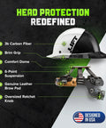 DAX Carbon Fiber Full Brim Hard Hat Fifty Fifty White Black Camo with features like 3k carbon fiber shell, brim grip, comfort dome illustrated.