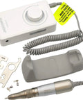 Cordless Portable Rotary Micromotor Kit with a 2.35mm collet, digital RPM display, various attachments, and gray casing.