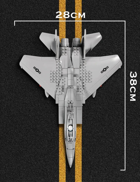 Top view of F 15 Eagle Fighter Jet Building Block Set With 262 Pieces For Kids Ages 8 And Up And Military Fans on runway