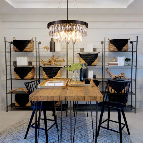 Dining room with Bold Black Drum Polygon Crystal Chandelier, 4 Light Modern Ceiling Fixture With Sleek Matte Black Finish over table