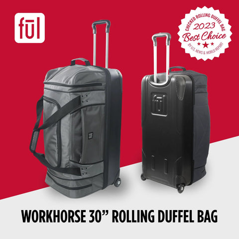 FUL Workhorse 30-inch rolling duffel bag; two bags shown: gray soft-sided luggage and black rolling bag