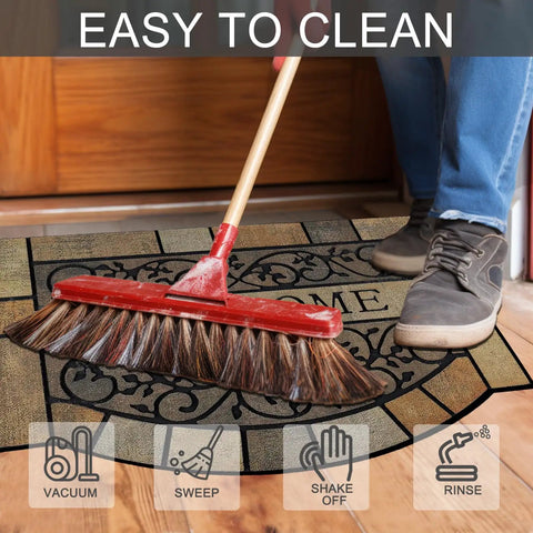 Heavy Duty Entrance Door Mat 24 By 36 Inch Large Entryway Doormat Non Slip Rubber Back Low Profile For Front Porch Garage Patio High Traffic Outdoors Welcome Mat being swept clean