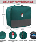Empty First Aid Bag Portable Trauma Kit For Home Office Kitchen Travel And Outdoor Adventures Green Big Capacity Medical Supplies Organizer Water Resistant 600D Oxford Bag For Hiking Camping Cycling Grab And Go Ready, green fabric with double zipper and partition storage compartments.