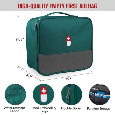 Empty First Aid Bag Portable Trauma Kit For Home Office Kitchen Travel And Outdoor Adventures Green Big Capacity Medical Supplies Organizer Water Resistant 600D Oxford Bag For Hiking Camping Cycling Grab And Go Ready, green fabric with double zipper and partition storage compartments.