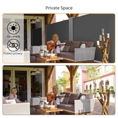 Double Side Patio Shade Awning With Dope Retractable Privacy Screen 236 By 71 Inches Waterproof UV Resistant 220G Per M2 Polyester Outdoor Privacy Divider For Courtyard And Roof Terrace Dark Gray, shown providing privacy in a patio area with outdoor seating.