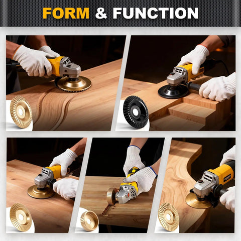 Five Piece Wood Carving Disc Set For 4 Inch And 4 And A Half Inch Angle Grinders With Five Eighth Inch Adapters in use for woodworking