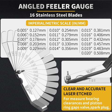 Gnellkoor Feeler Gauge Set for valves, 2pc, straight and angled stainless steel blades with imperial/metric scales