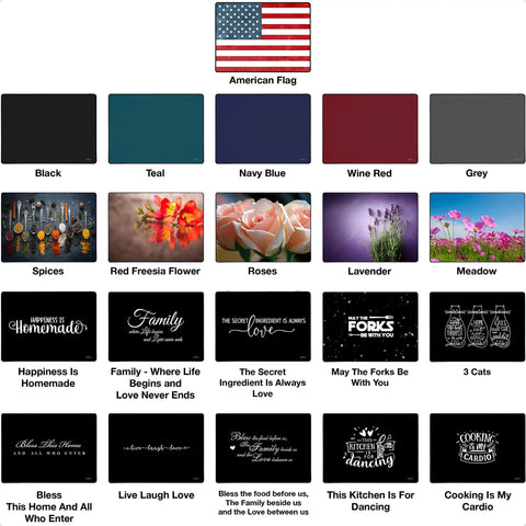 The image shows various stove top covers in different colors and designs, including American flag and floral patterns, next to an American flag.