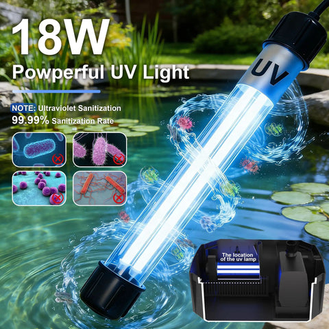 18W UV light in All In One Pond Filtration Kit With 18W UV Light And 660 GPH High Flow Pump Three Water Patterns Clears Green Water And Controls Algae For Your 1500 Gallon Pond Crystal Clear While Safe For Fish And Plants.