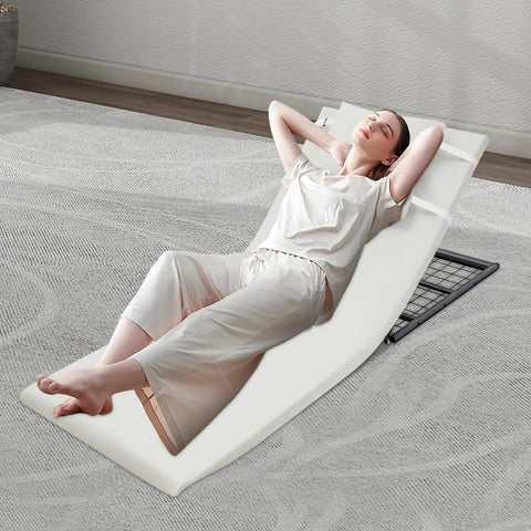 Electric Adjustable Bed Backrest With Remote For Reclining 80 Degrees, Heavy Duty Foldable Support For Seniors And Disabled Up To 330 Lbs, Thick Sponge And Removable Pillow Beige with person relaxing
