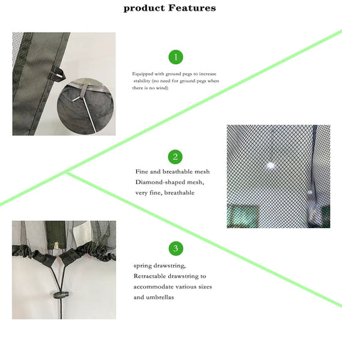 Close-up product features of 15ft Double Sided Mosquito Netting For Patio Umbrellas With Double Zippers, Water Resistant Bottom, showing mesh and drawstring.