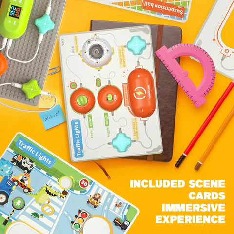 Hands On STEM Electronics Exploration Kit with over 420 projects and 35 circuit parts, scene cards for immersive play.