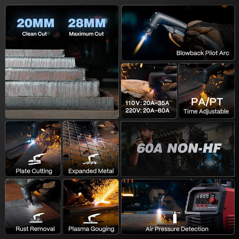 60Amp Non HF Plasma Cutter Dual Voltage 110V 220V With Large LED Display 4 In 1 Cutting Modes features and uses collage