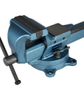 Heavy Duty 4 Inch Forged Steel Bench Vise With 4 Point Swivel Base 90000 PSI Tensile Strength Black Oxide Jaws on workbench