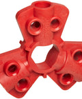 Red rugged lockout tool for safe energy shutdown, made from Isoplast polymers, fits 1/4, 3/8, 1/2 in fittings, secures six padlocks.