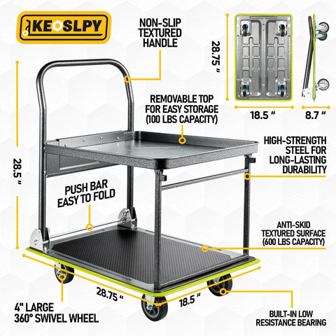 Diagram of the Upgraded Push Cart Dolly 700 Pounds Heavy Duty Foldable Platform Truck, featuring dimensions, textured handle, and anti-skid surface.
