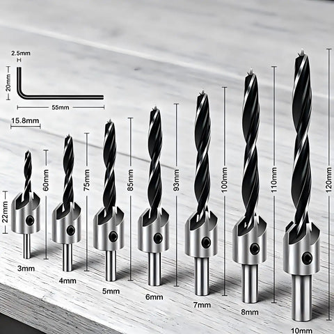 Seven Piece Heavy Duty Countersink Drill Bit Set Rock Solid High Speed Steel with L Wrench, sizes from 3mm to 10mm, ideal for clean cuts.