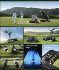 Two golfers with Smart Follow Me Electric Golf Cart With Wireless Remote And Rugged All Terrain Wheels on a green field.