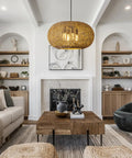 Living room with Large 22.83 Inch Rattan Boho Chandelier With Hand Woven Wicker, 4 Light Pendant Ceiling Fixture, farmhouse style decor
