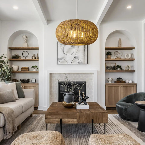 Living room with Large 22.83 Inch Rattan Boho Chandelier With Hand Woven Wicker, 4 Light Pendant Ceiling Fixture, farmhouse style decor