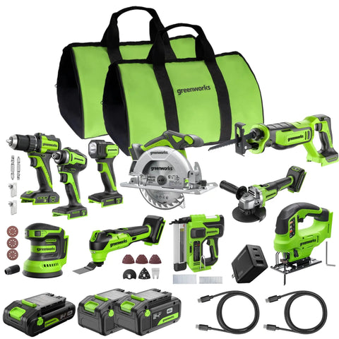 Pro Grade 24V Brushless 10 Piece Cordless Tool Kit With Drill And Impact Driver Plus Circular Saw Recip Saw Jigsaw Sander Light Multi Tool Nailer Grinder Includes Two Batteries And USB C Charger For DIY Pros