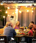 Family dining outdoors with Dusk To Dawn Outdoor Light With GFCI Outlet And Dual Receptacles, Waterproof Wall Sconce on porch