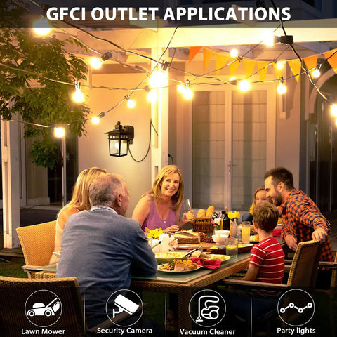 Family dining outdoors with Dusk To Dawn Outdoor Light With GFCI Outlet And Dual Receptacles, Waterproof Wall Sconce on porch