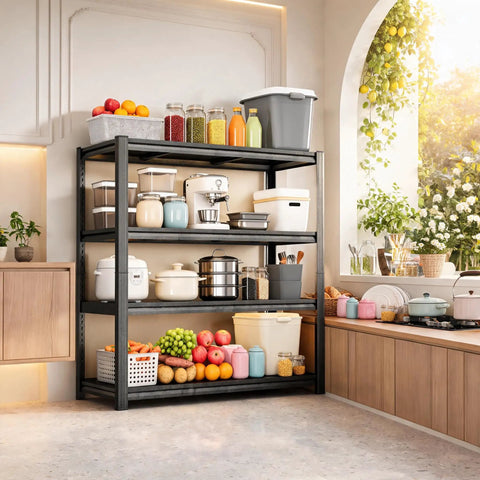 4 Tier Bolt Free Kitchen Storage Shelves with adjustable detachable metal tiers holding kitchen appliances and pantry items