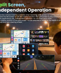 11.5 Inch Wireless CarPlay Screen displaying split-screen navigation and backup camera view in a car at night.