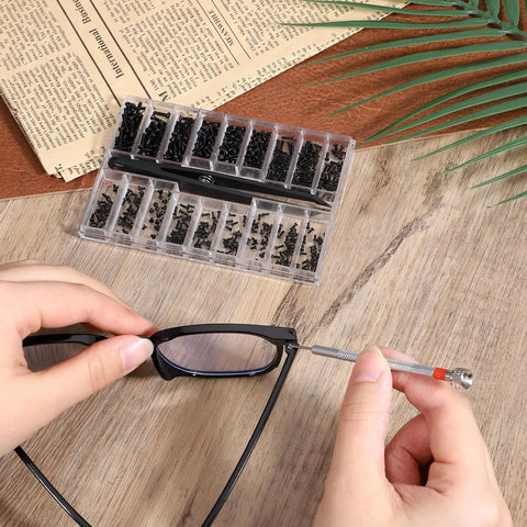 500 Piece Micro Screw Kit For Glasses And Electronics With Black Screws Included Screwdriver And Tweezers toolkit in use