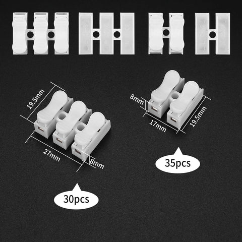 65 Piece Spring Wire Connector Set With Push In 2 Pin Quick Terminals For Electrical Projects Spring Clamp Cable Blocks CH 2 Style Wire Connectors Flame Retardant Insulated Plastic Construction Heavy Duty And Corrosion And High Temperature Resistant, showing white connectors on black background with measurements