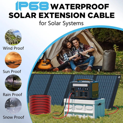 IP68 waterproof 10 AWG Solar Wire 50 Foot Tinned Copper PV Cable Set in use outdoors with solar panels set up by a tent.