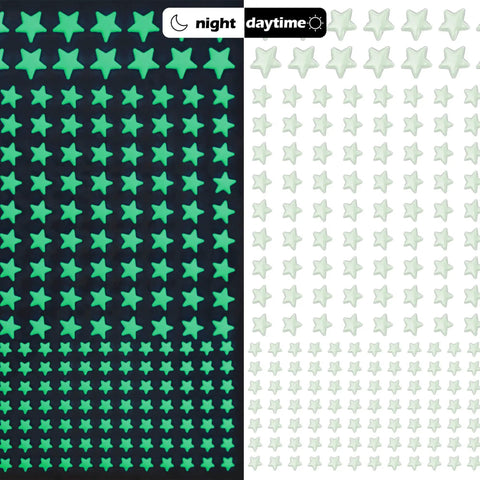 Glow In The Dark Stars Ceiling Decals 633 Realistic 3D Star Stickers lit and unlit comparison for bedroom decor.