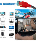High Speed Cat 8 Ethernet Cable shown with gaming setup and device compatibility icons for PC, laptop, modem, and more.