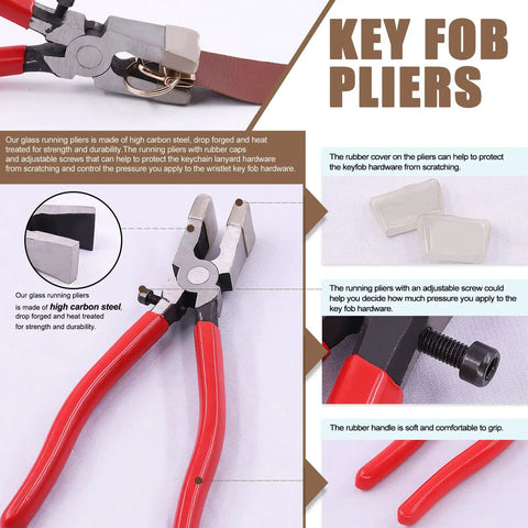51 Piece Heavy Duty Key Fob Pliers And Hardware Kit With Tassels Glass Running Pliers showcasing rubber tips and metal jaws.