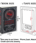 Gothic Fantasy Book Safe With Real Pages And Combo Lock Box showing dimensions, design, and use for hidden storage of valuables.