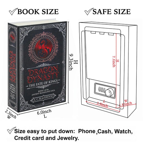 Gothic Fantasy Book Safe With Real Pages And Combo Lock Box showing dimensions, design, and use for hidden storage of valuables.