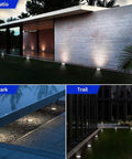 Solar Ground Lights 12 Pack With 8 LED Waterproof Disk Pathway Lights for yard, showing garden installation, night view