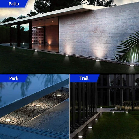 Solar Ground Lights 12 Pack With 8 LED Waterproof Disk Pathway Lights for yard, showing garden installation, night view