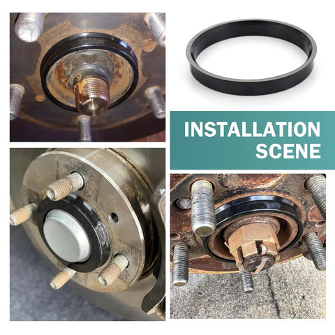 Four Pack Car Wheel Hub Center Rings 73.1 By 60.1 Reduction Adapter on installation scene showing black plastic rings on hub.
