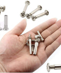 Workhorse Grade Chicago Screws And Rivet Socket Binders For Furniture Projects Nickel Plated Carbon Steel Assortment Kit in hand.