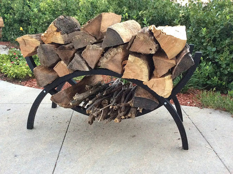 3 Foot Crescent Firewood Rack Heavy Duty Indoor Outdoor Steel Log Holder With Black Powder Coat Finish holding logs