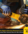 Ultra Tough ANSI A9 Cut Resistant Work Gloves With Touchscreen Microfoam Nitrile Coating, Killer Knife Proof Protection For Construction, Woodworking, Glass Handling, Metal Work, Blue Large, 3 Pairs shown using angle grinder